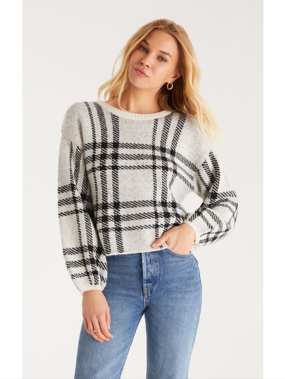 Z Supply Solange Plaid Crewneck Sweater - Black & Cream Oat - Size: L - NWOT